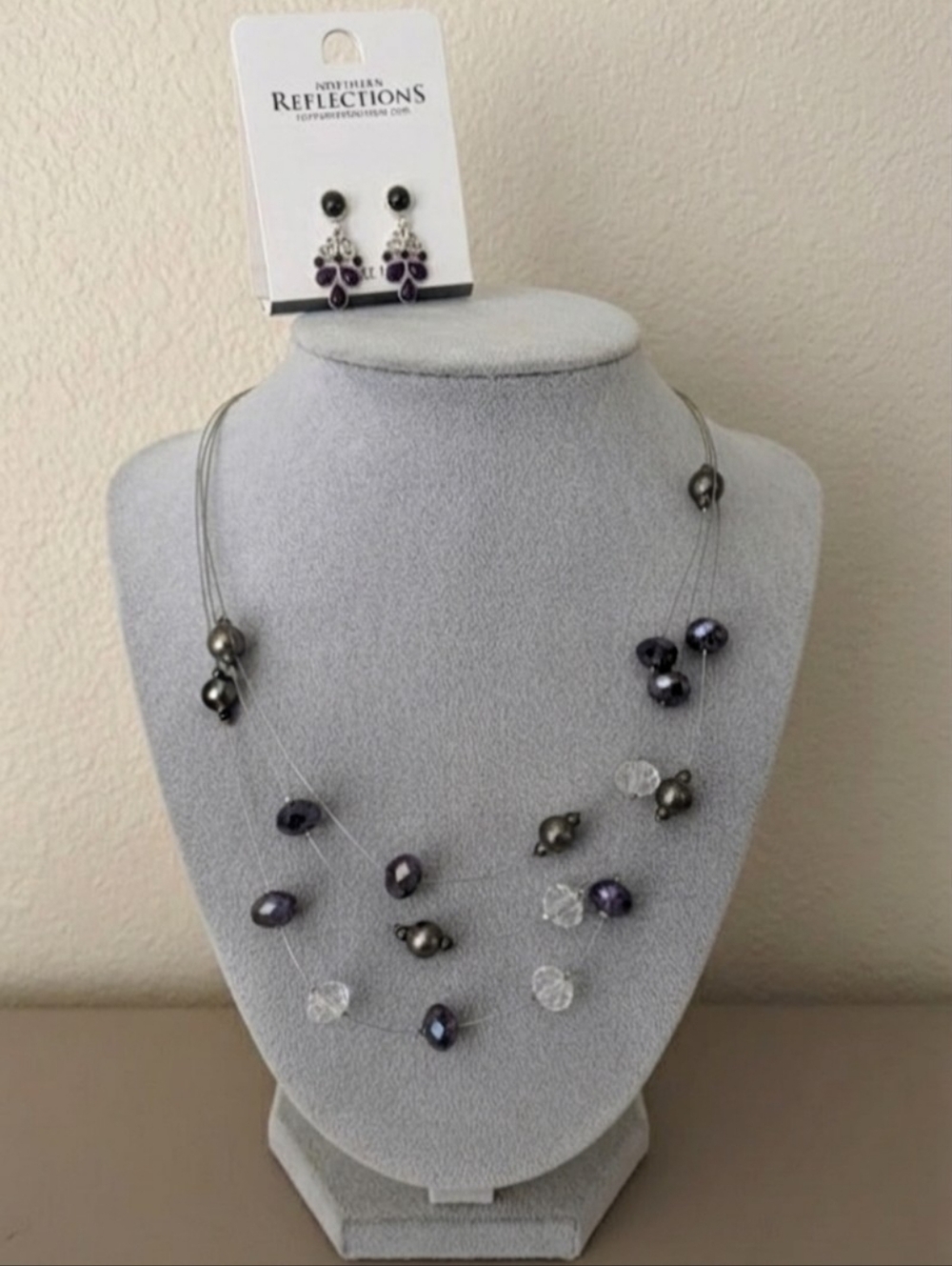 Northern Reflections Purple Crystal Layered Illusion Necklace & Earring Set NWT